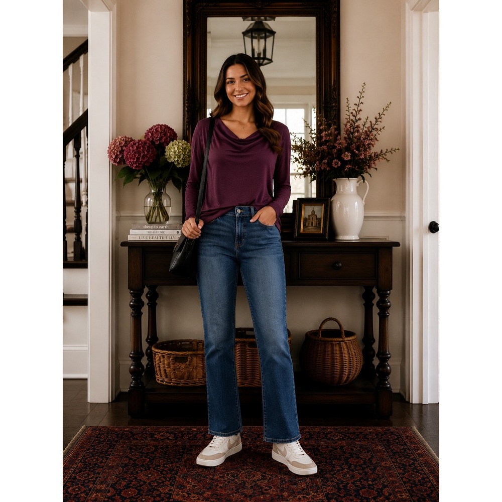 Cabi Womens Large Plum Burgundy Cowl Neck Long Sleeve Ruched Side Knit Top L